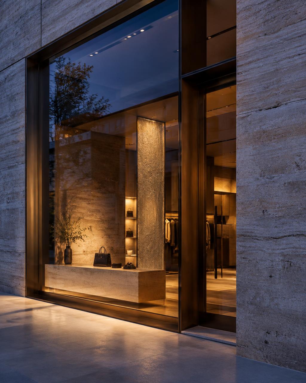 Illustrative travertine storefront with bronze-framed glass glowing at blue hour