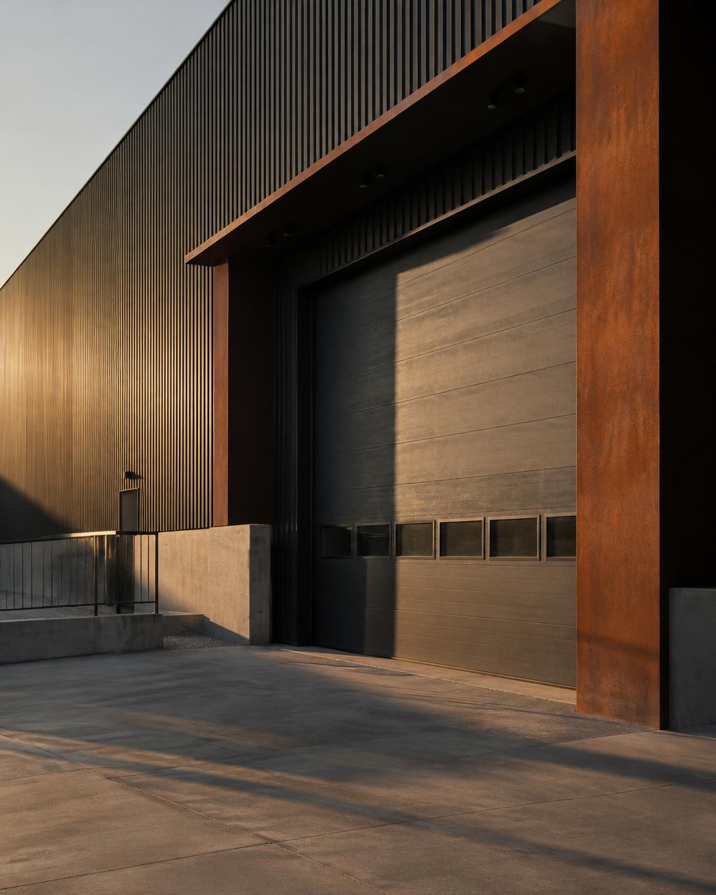 Illustrative charcoal metal warehouse with a loading door in low evening light