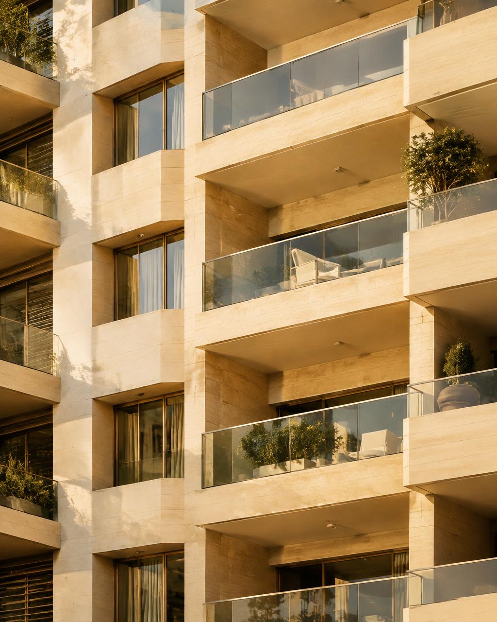 Illustrative limestone apartment balconies with glass railings in golden morning light