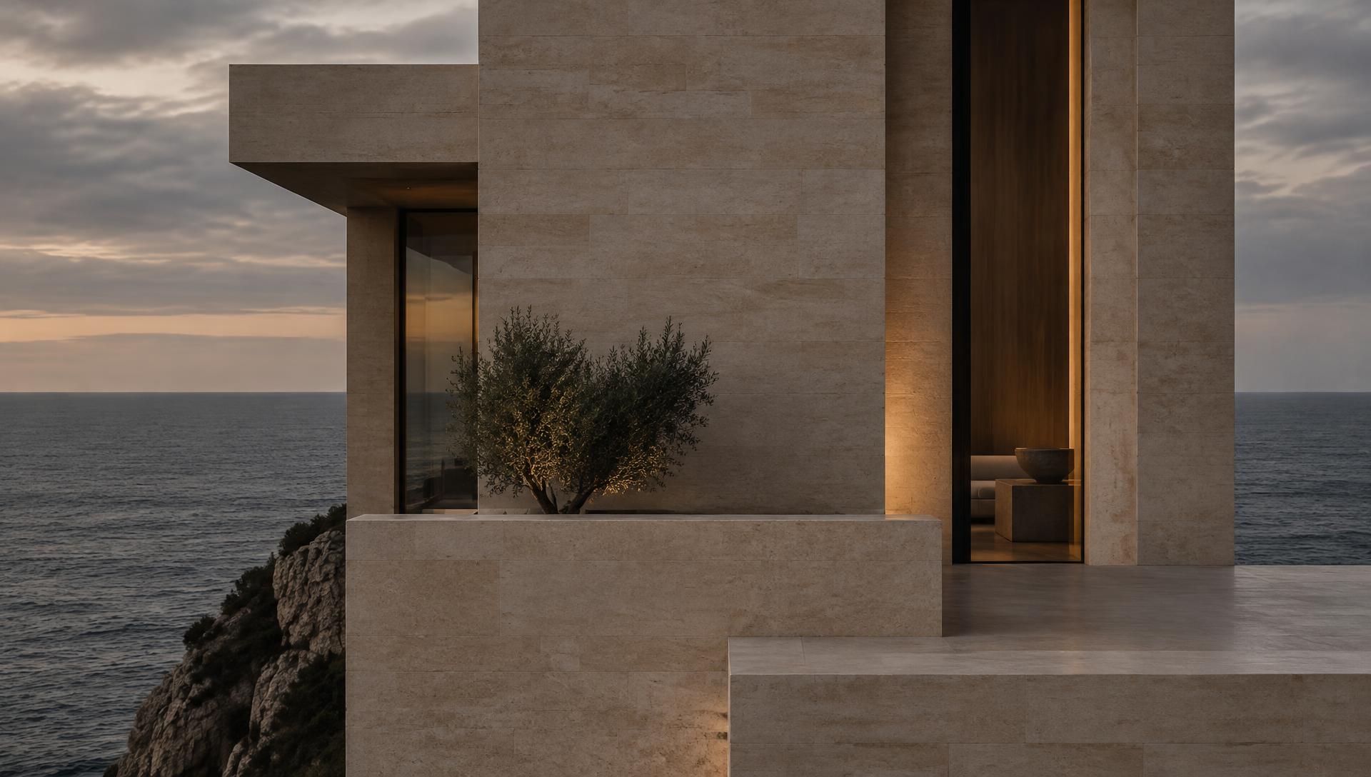 Illustrative modern limestone architecture in close-up, framed by the sea on both sides